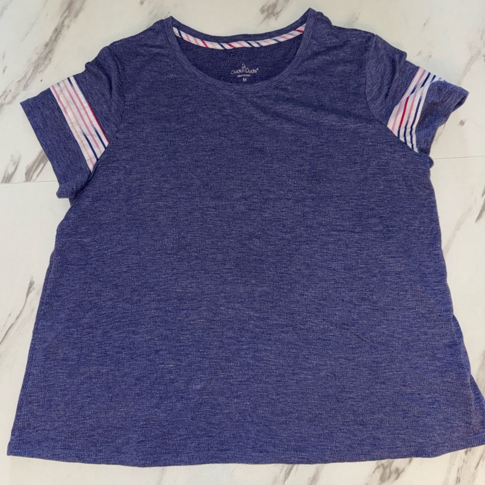 Cuddl Duds Heathered Navy Short Sleeve Tee with Striped Sleeve Accents M